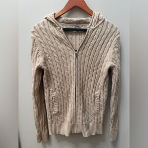 L.L. Bean Cable Knit Hooded Cardigan Sweater Women's Fisherman Ribbed Small Tan